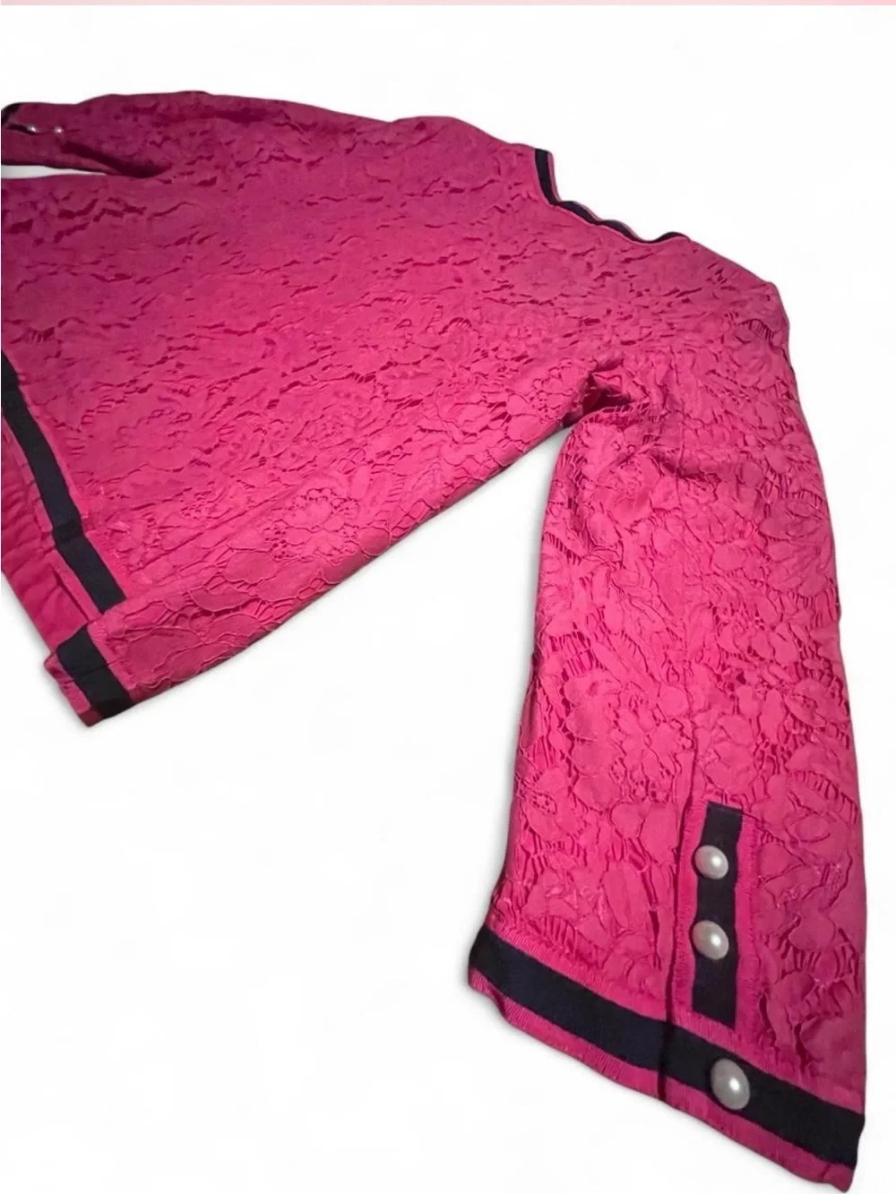 RSVP by Talbots Pink Floral Lace Blazer with Black Trim and Pearl Buttons